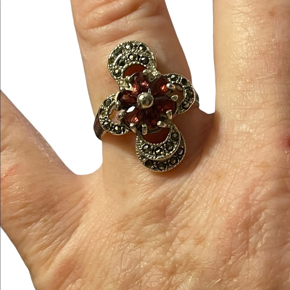 Vintage sterling silver garnet marcasite 925 fancy oblong ring - Picture 3 of 10